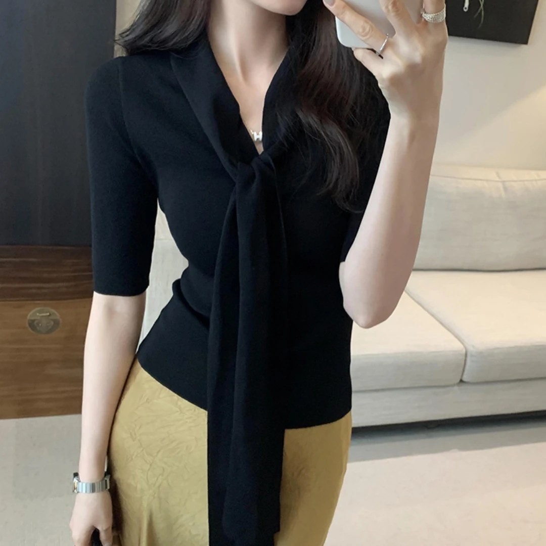 艺等韩系飘带短袖正肩T恤夏季修身显瘦气质轻熟风小众洋气女上衣