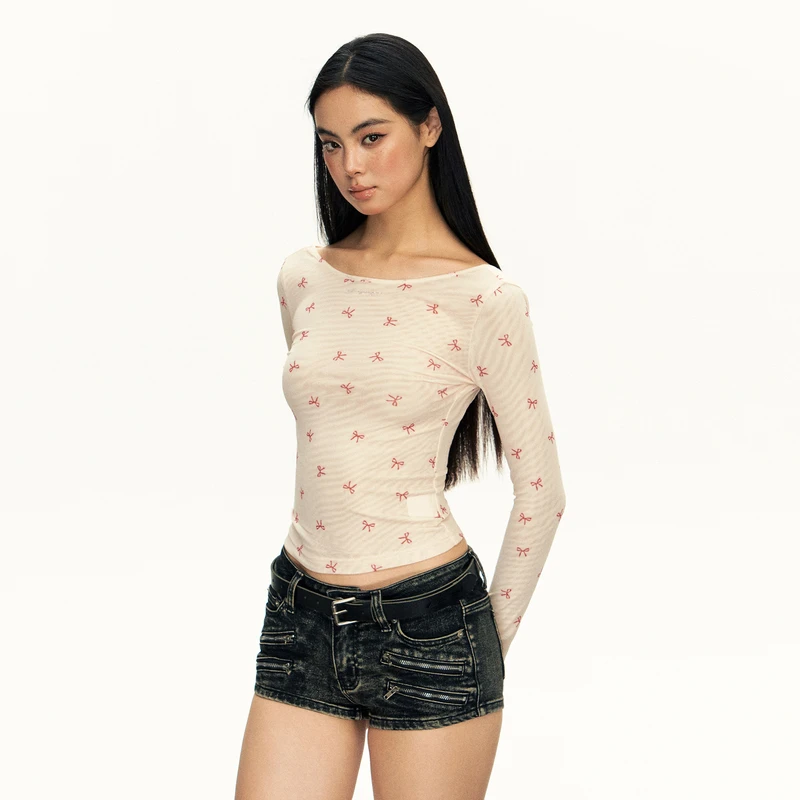 Ariseism 美式复古辣妹满印长袖t恤女2024秋冬新款修身打底上衣