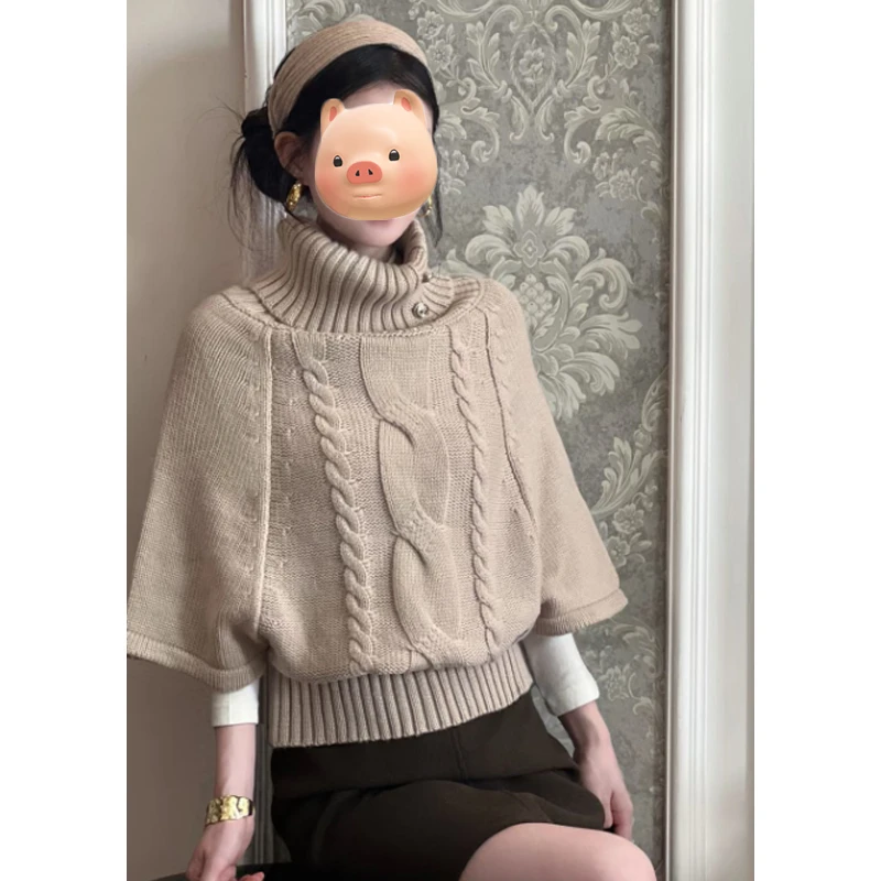 高领套头斗篷麻花毛衣女秋冬季慵懒风长袖针织衫早秋chic别致上衣