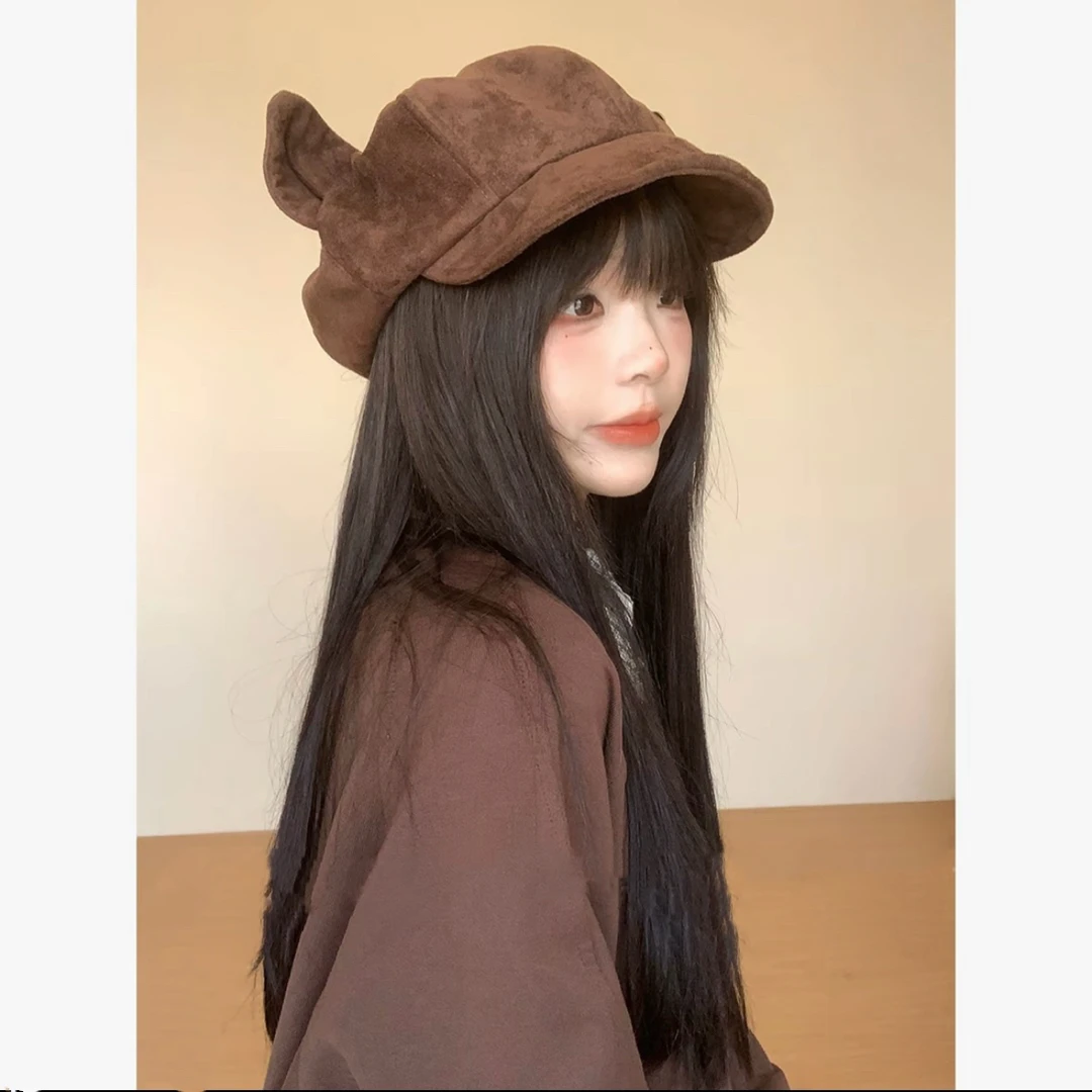 【有运补】复古麂皮绒猫耳朵贝雷帽女秋冬季显脸小画家帽帽子