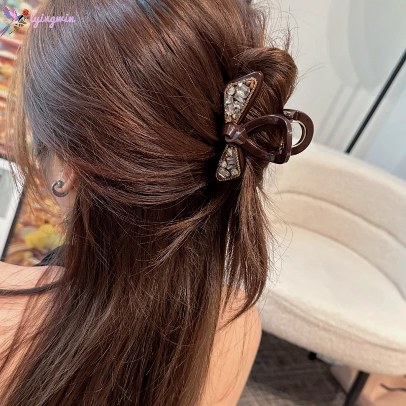 韩系细闪咖色蝴蝶结中号抓夹气质后脑勺盘发半扎发夹子鲨鱼夹发饰
