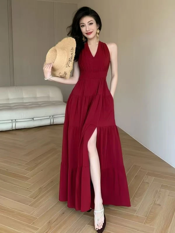 2025气质新款春夏法式时尚显白开衫修身显瘦挂脖深V长款连衣裙