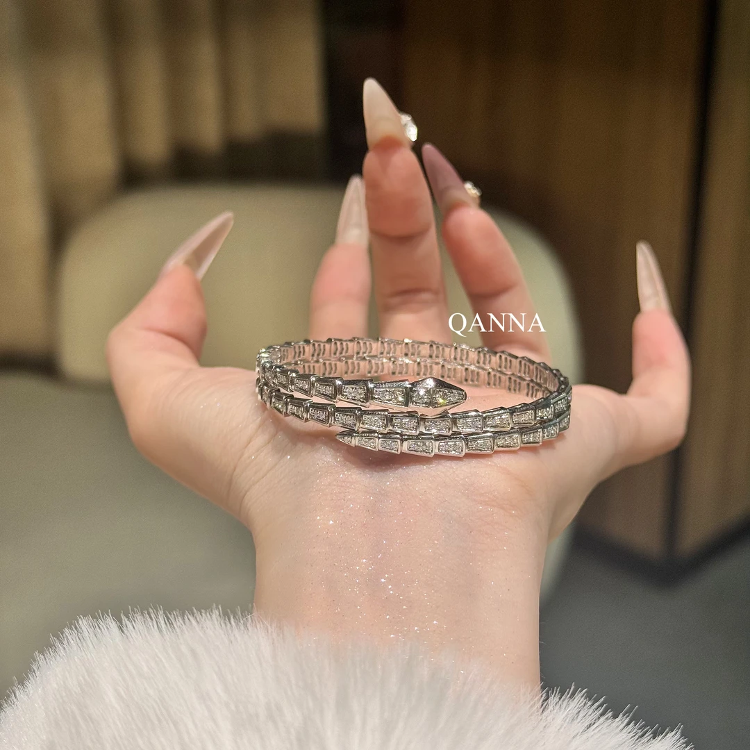 QANNA【三圈满钻蛇手镯】【4克拉】欧美风时尚蛇骨鳞片豪华钻石手镯AY