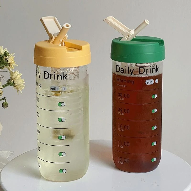 大容量玻璃杯吸管杯女高颜值茶水分离耐热时间刻度泡茶运动水杯子