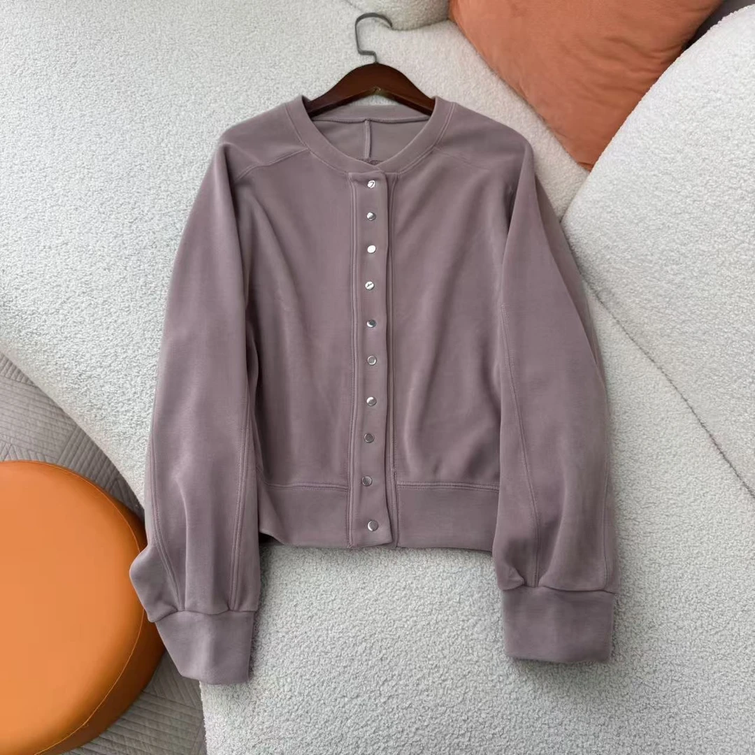 通勤插肩袖女秋季厚款连帽短外套早秋时尚圆领紫色