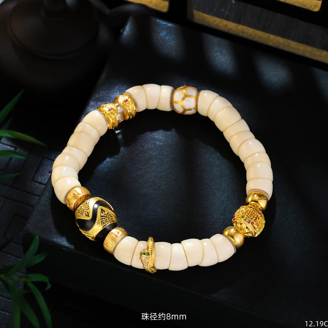 【金豆】扎基虎牙猪大肠||猛犸牙猪大肠手串六字真言寿珠1+8K金高阶