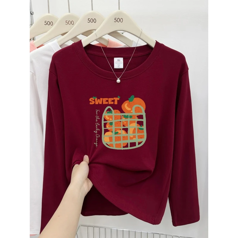 2026新款红色圆领正肩长袖t恤女春秋季胖mm大码休闲打底衫上衣服