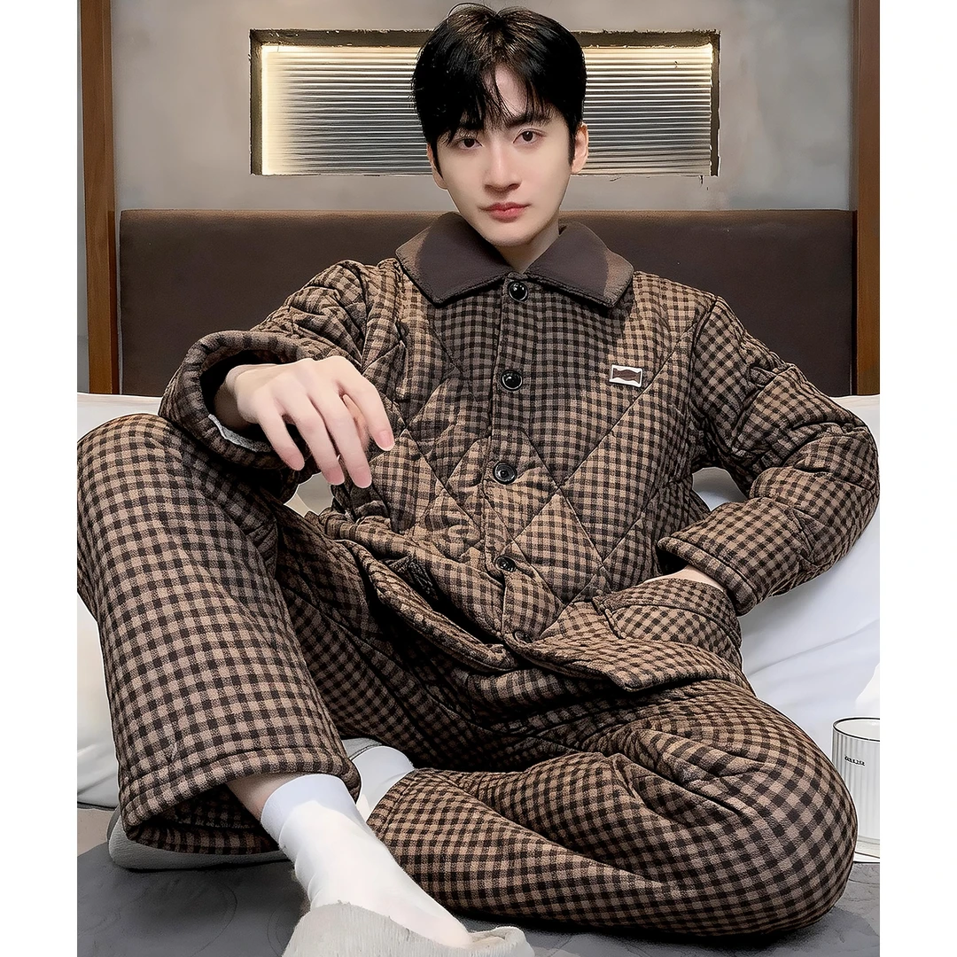 防静电睡衣男士冬季三层加厚加绒纯棉夹棉袄男款珊瑚绒超厚家居服
