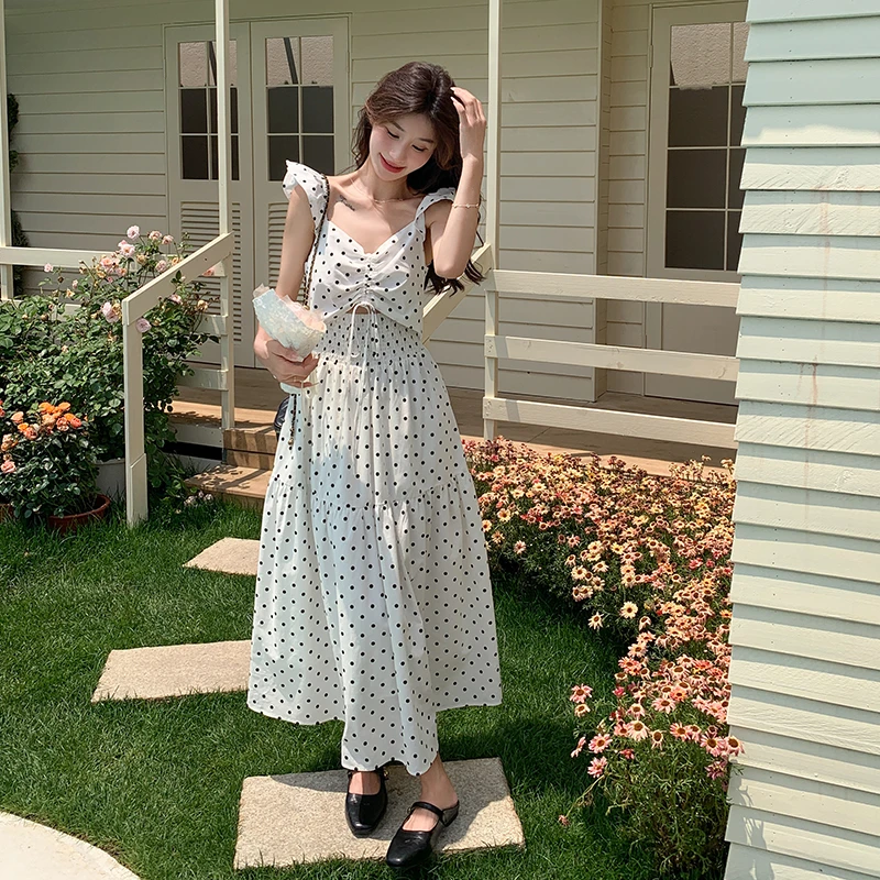 2024夏季新款高级感小飞袖白色波点连衣裙子女小个子法式气质长裙