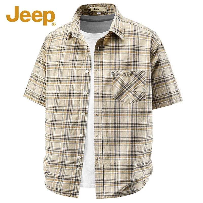 Jeep吉普官方正品格子短袖衬衫男士2025夏季新款休闲百搭纯棉衬衣