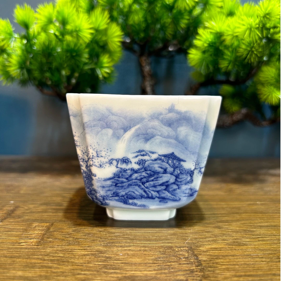 景德镇陶瓷釉下青花山水四方主人杯