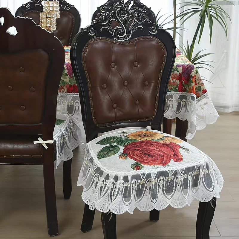 亚麻红花绿叶欧式花边座垫