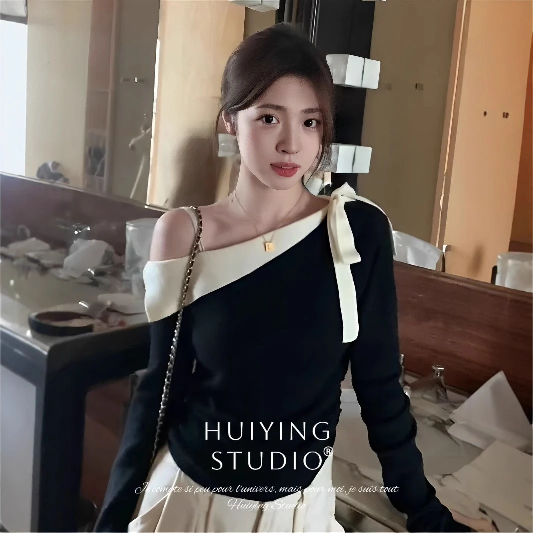 黑色斜肩露肩针织上衣女高级感秋季新款内搭打底衫秋冬小众设计感