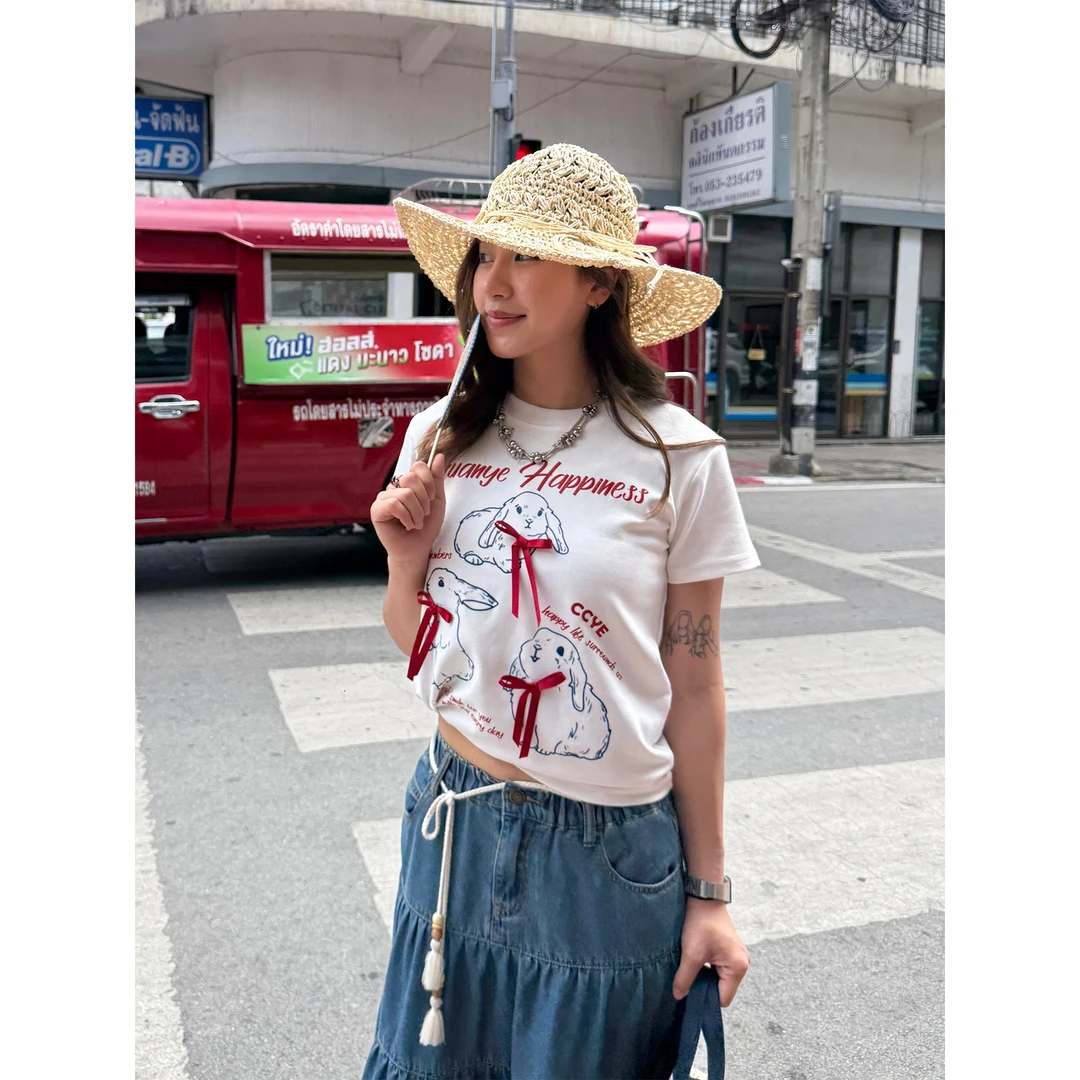 川川也家美式复古印花蝴蝶结兔子正肩短袖修身夏季ins休闲t恤上衣