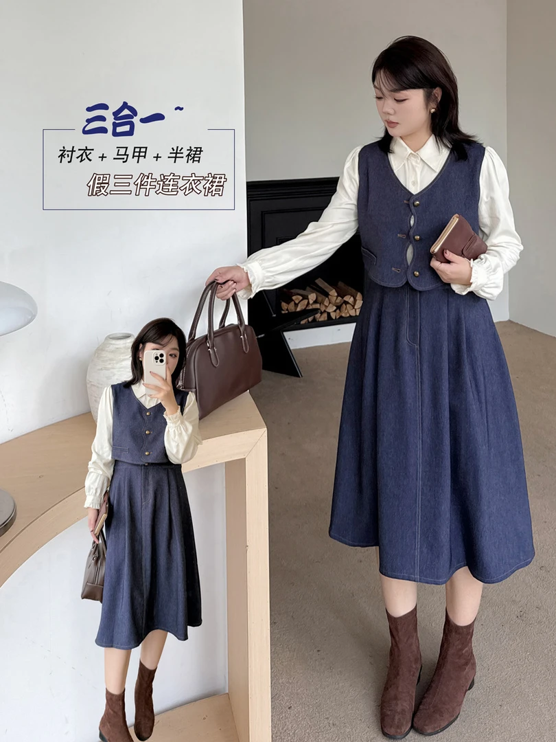 YH-3152大码女装假三件连衣裙法式学院派马甲衬衣微胖大码连衣裙
