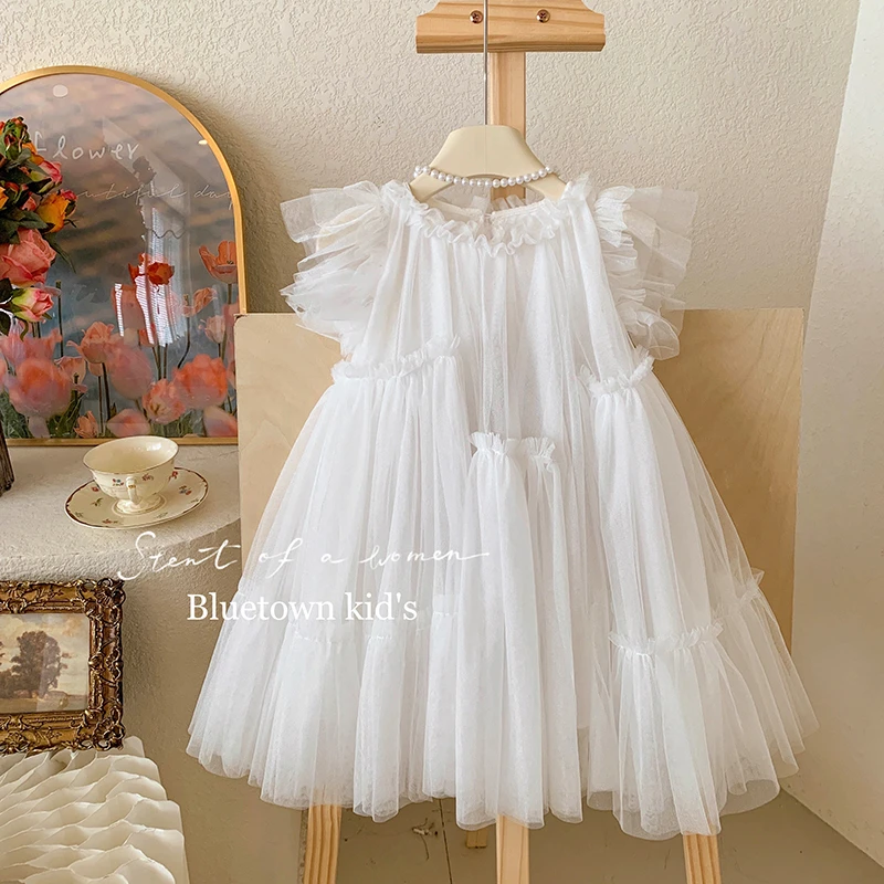 【本妈】夏“白桃气泡”韩版女童飞袖网纱连衣裙80022 29‘9’