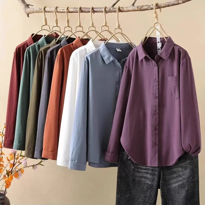2025早春新款时尚休闲宽松纯棉纯色翻领气质磨毛叠穿长袖衬衫女