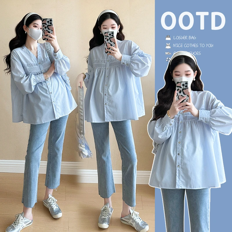 孕妇春装上衣2025新款时尚小清新长袖V领条纹宽松娃娃衫百搭衬衫