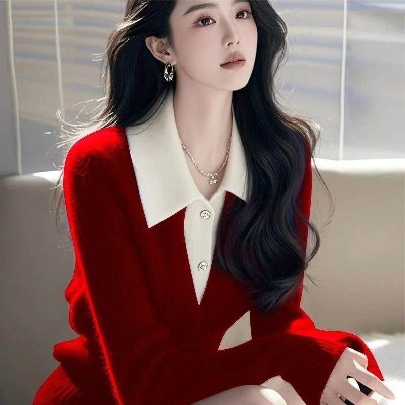 秋冬女撞色毛针织衫翻领拼色显瘦小香风毛衣宽松型洋气打底上衣女