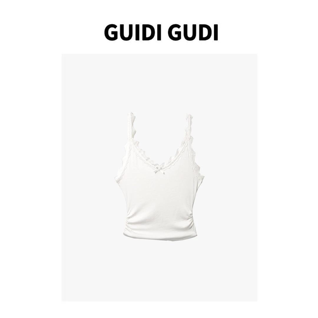 GUIDI GUDI【哲学思考】黄加蓝蕾丝蝴蝶结打底气质背心 B9510664H