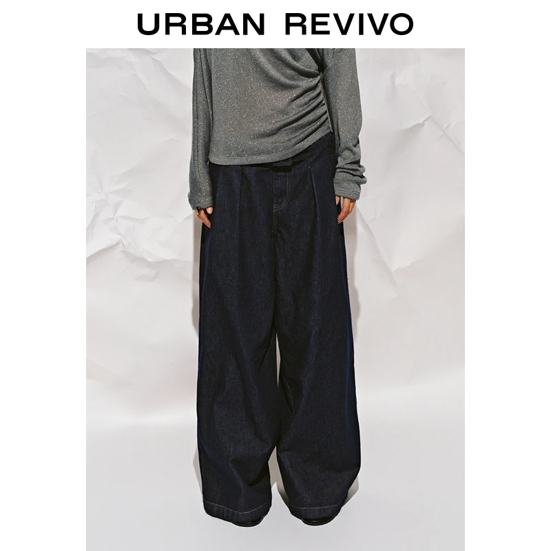 UR2025秋季新款女装休闲简约立褶棉质牛仔长裤UWU850013