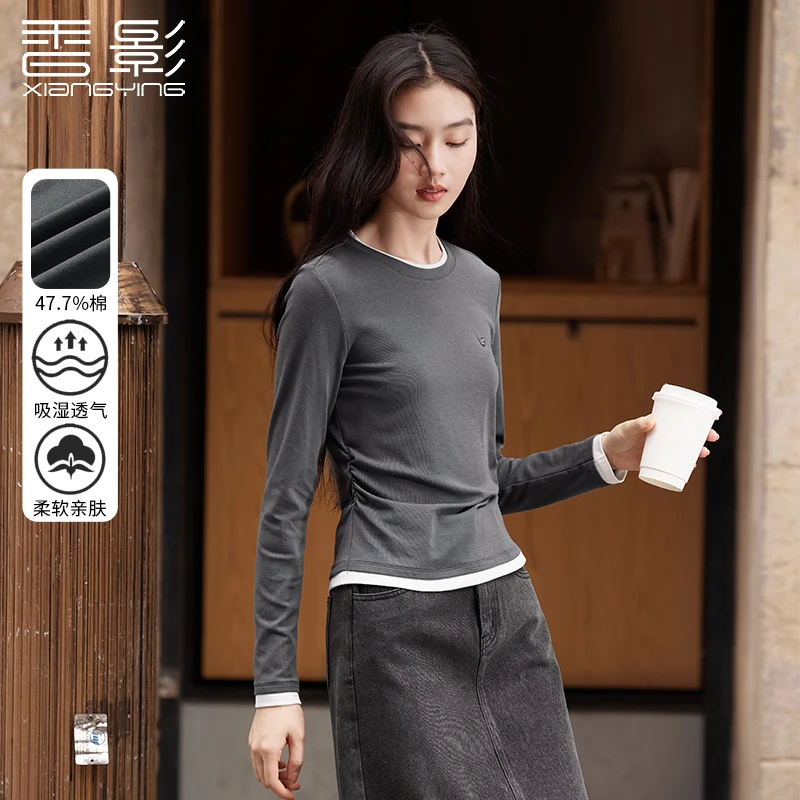 X643666 T恤 香影假两件t恤女秋季新款圆领正肩捏褶