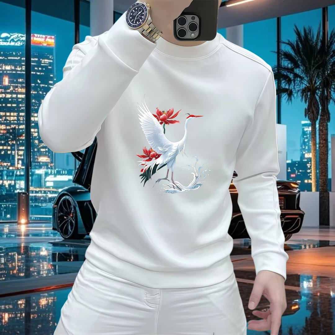 秋冬新款国潮时尚飞鹤印花卫衣男圆领痞帅高街高级感加绒长袖上衣