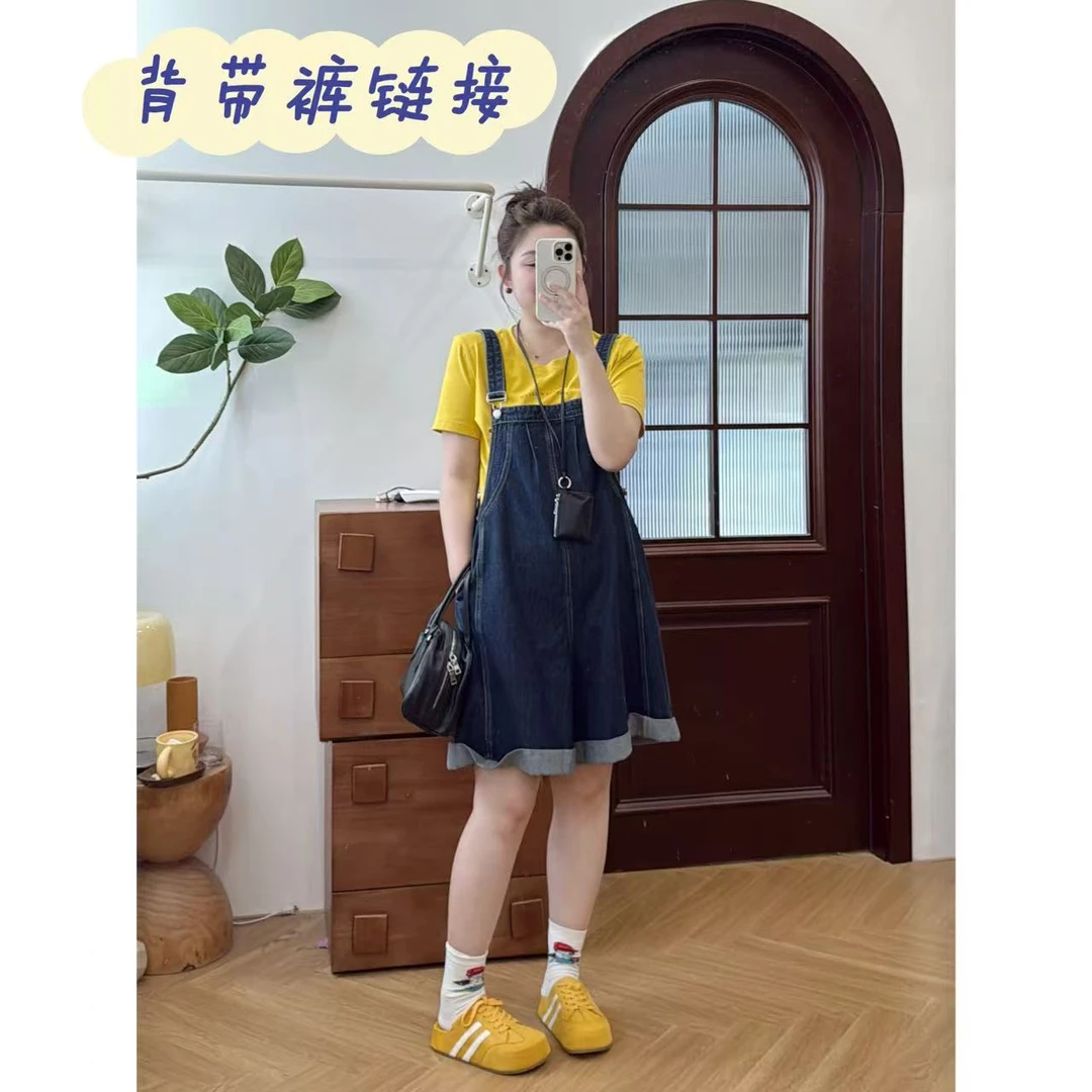 晶咕佳佳【蓝色旅行家】可爱简约深蓝色牛仔背带裤时尚复古减龄韩版