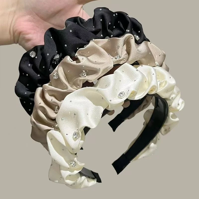 闪钻黑色发箍褶皱高颅顶法式发捆复古洗脸头箍外出百搭网红碎发卡