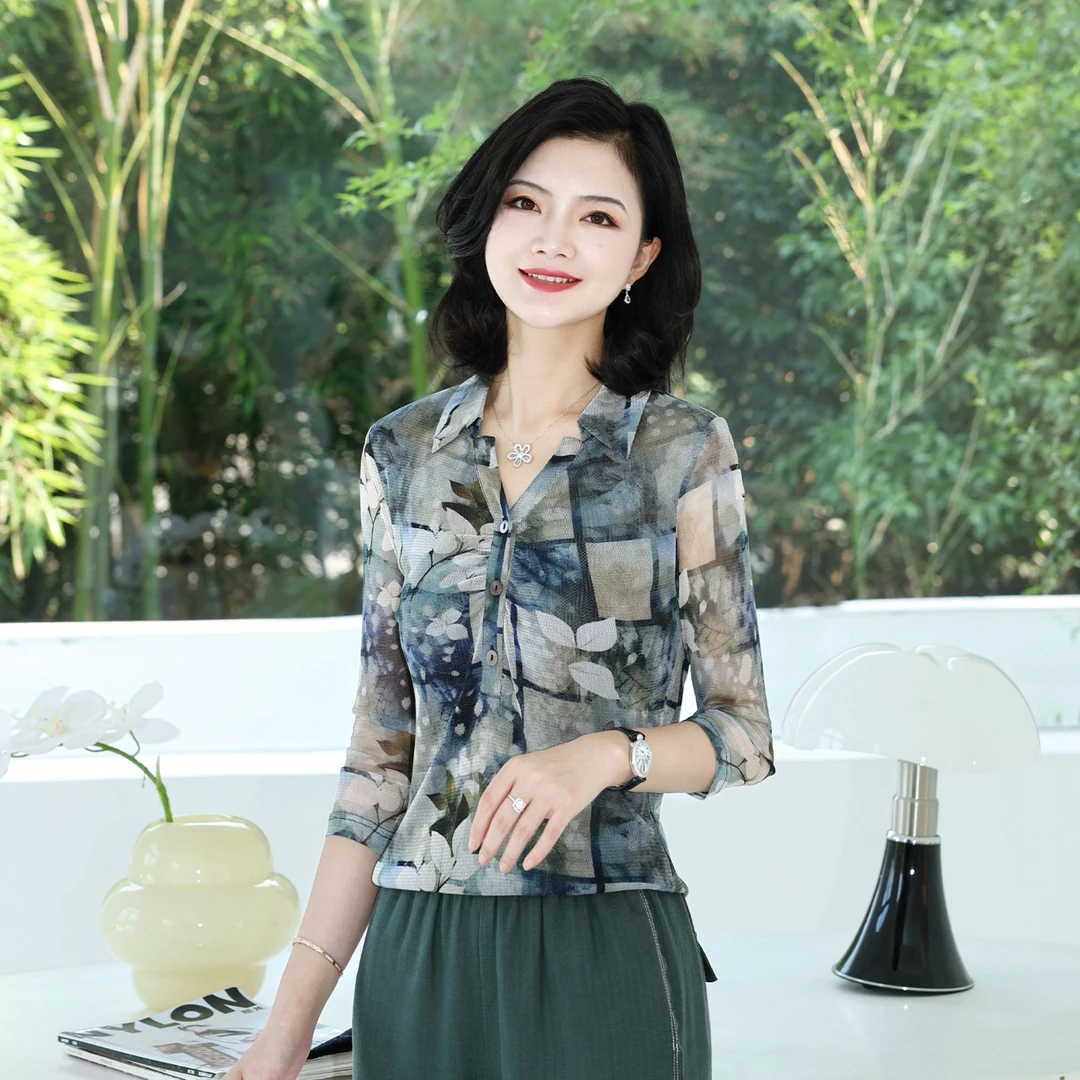 阿楠anan 花样年华 100针织桑蚕丝弹力印花翻v领七分袖真丝小衫女