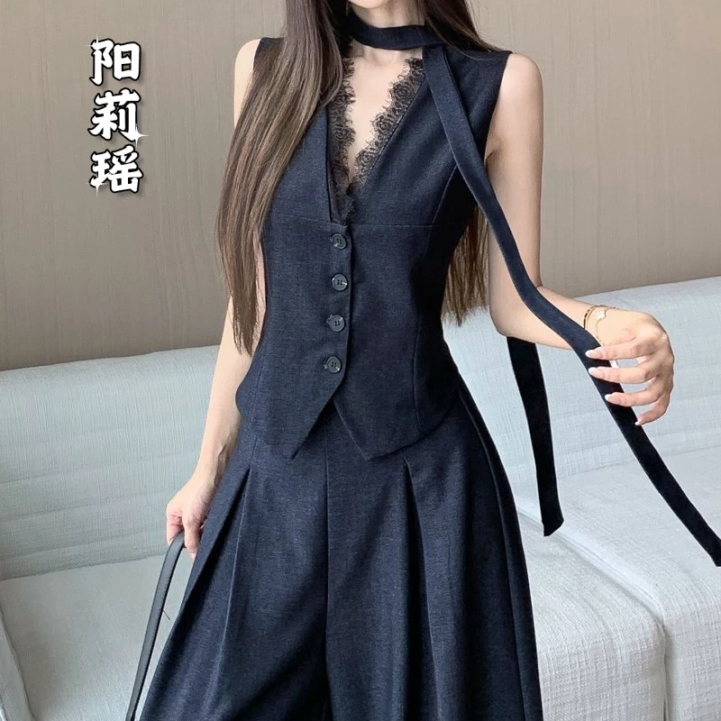 2025复古牛仔套装女夏季时尚蕾丝马甲上衣高腰阔腿裤裙休闲两件套