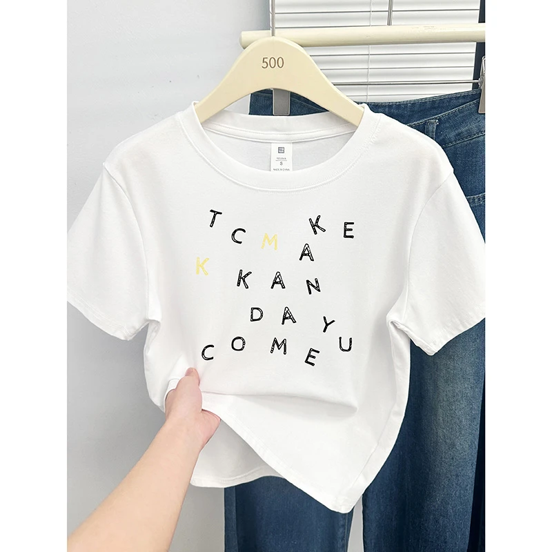正肩短袖T恤女夏季新款韩版设计感字母印花潮流大码休闲显瘦上衣