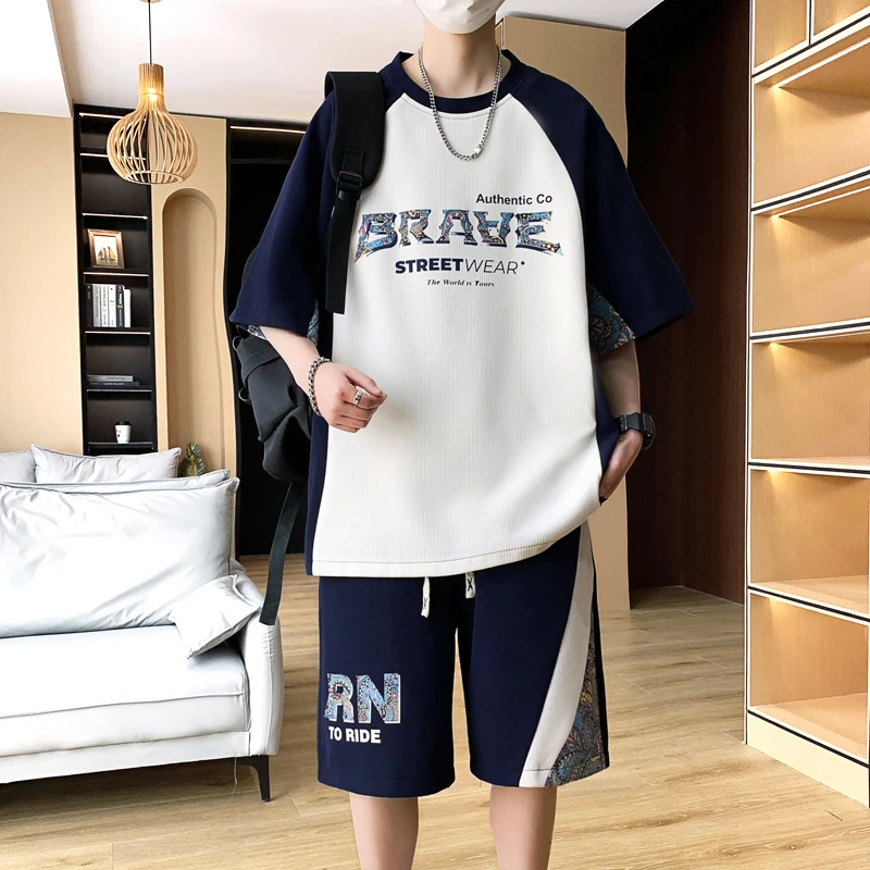 夏季短袖休闲套装男装青少年学生拼色运动套装