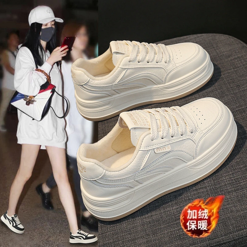 小白鞋厚底加绒板鞋休闲鞋女秋冬季2025新款百搭单鞋保暖棉鞋