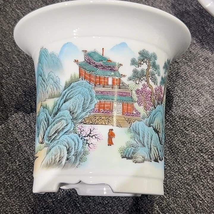 粉彩山水陶瓷花盆