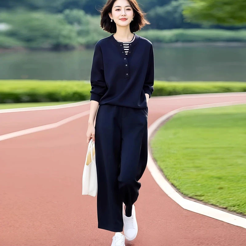 2025新款撞色假两件上衣设计感休闲裤两件套女显瘦气质套装