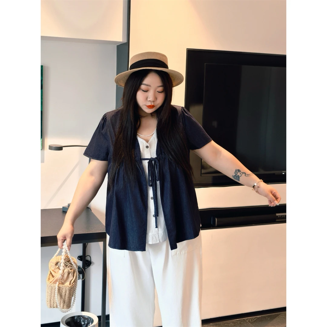 断码捡漏H盐风过境 / 牛仔拼接假两件短袖小衫15190花契大码200斤