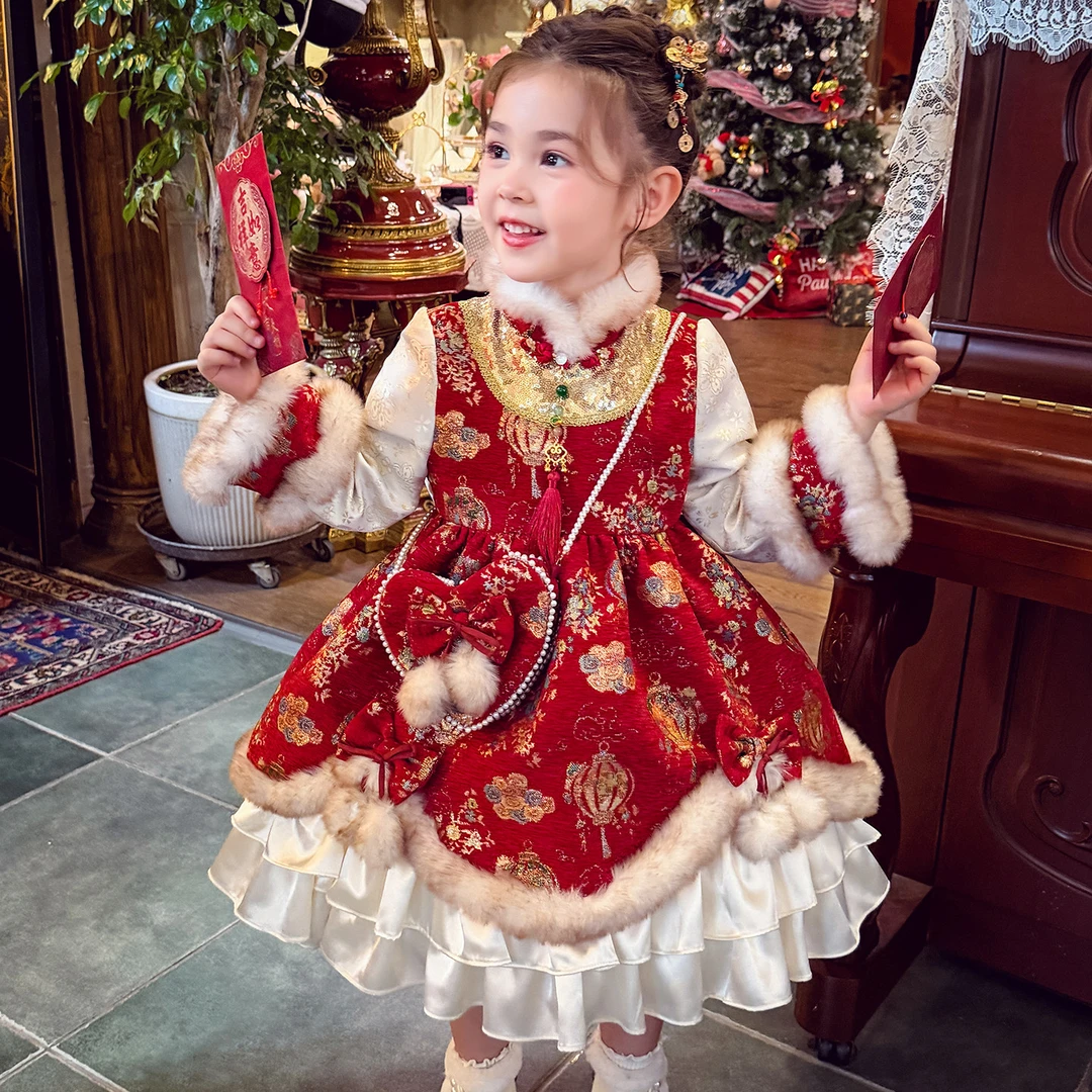 米米哈罗【金玉满堂】女童套装连衣裙+包包两件套汉服 D250477 478