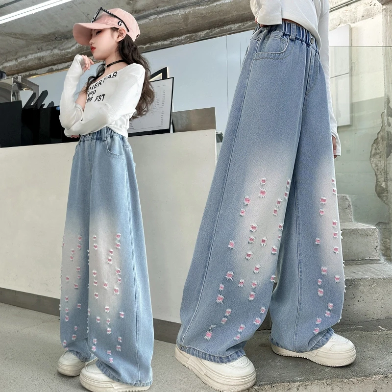 女童牛仔裤2025新款春季高腰直筒破洞休闲百搭牛仔裤女孩韩版儿童