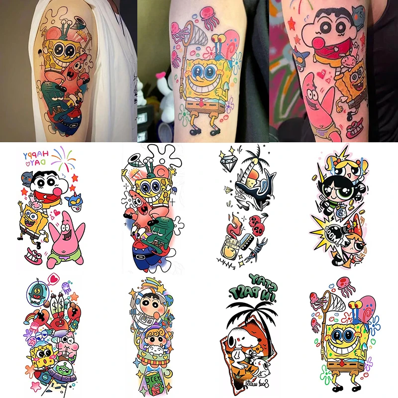 爆款卡通oldschool拼接花臂彩色纹身贴纸持久防水ins酷潮男女可洗