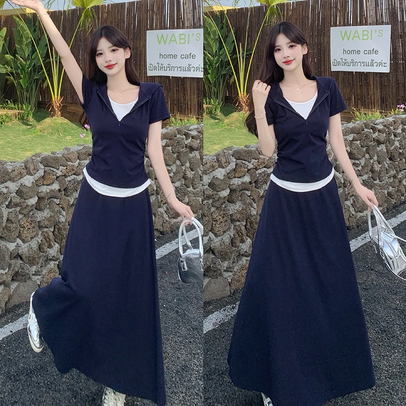 大码韩版套装2025年夏季新款胖mm休闲假两件上衣女+半身裙两件套