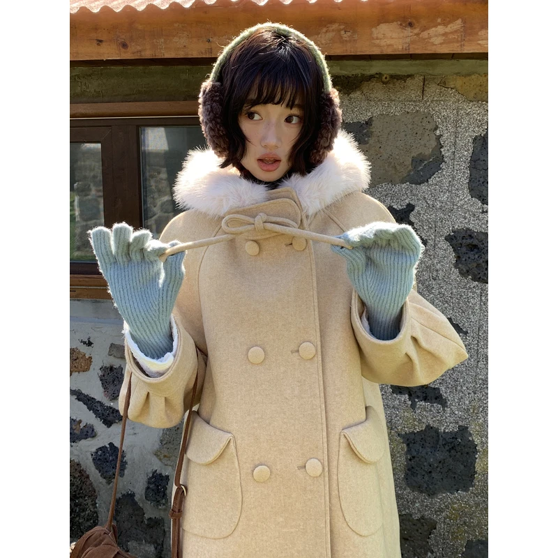 Jiang jam/姜姜姜酱日系少女风可拆卸毛领双排扣毛呢大衣