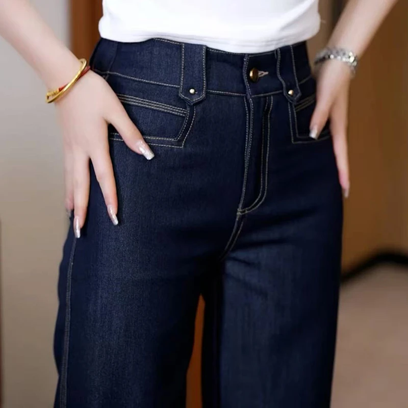 丹宁蓝高腰显瘦弹力宽松休闲窄版直筒阔腿牛仔裤女2025年春季新款