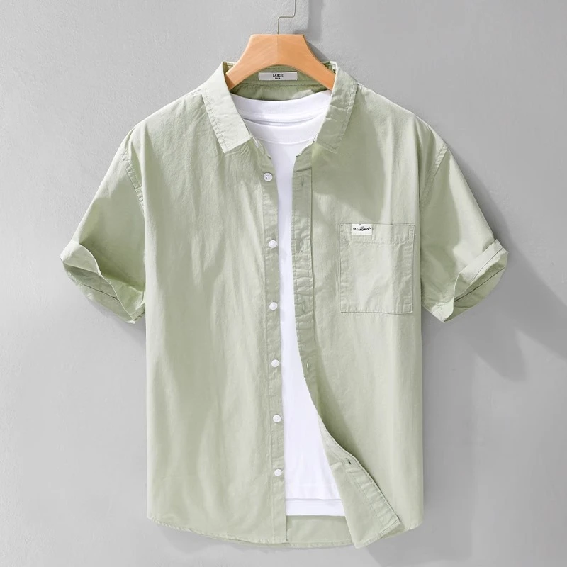 法国纯棉短袖男夏季衬衫新款休闲衬衣男士夏日口袋工装5分半袖