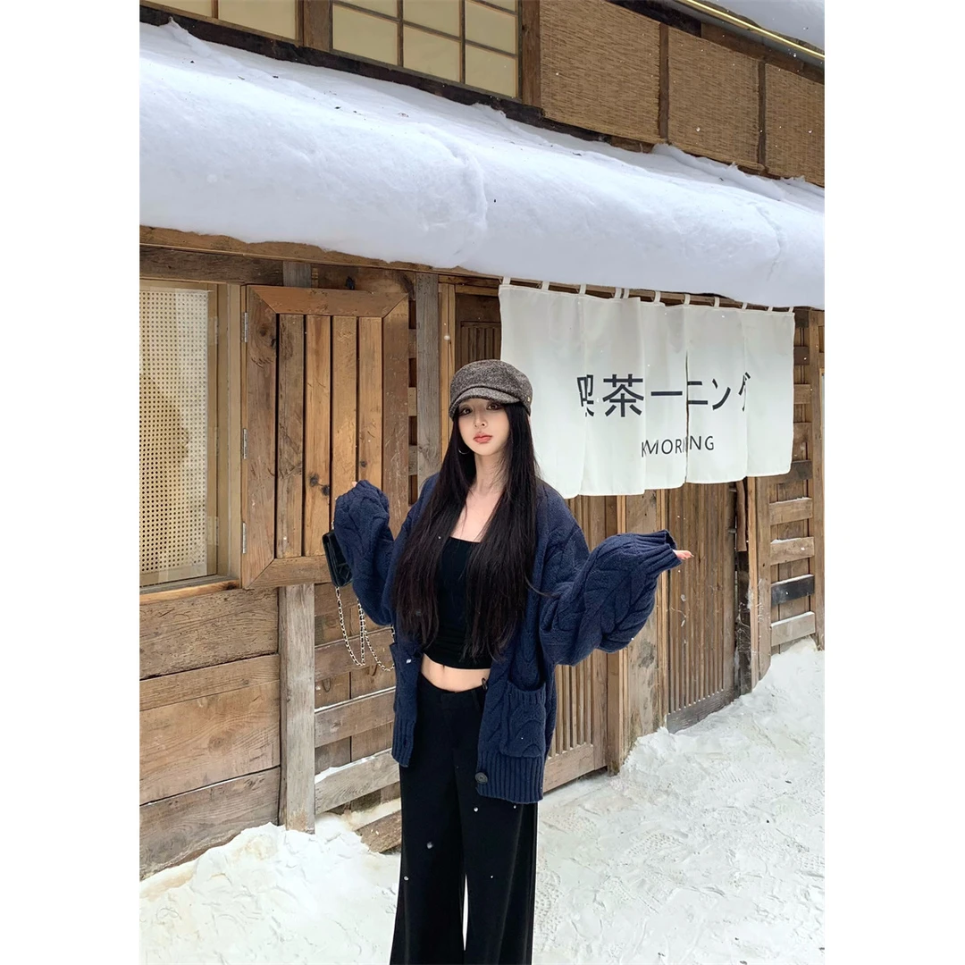 复古气质慵懒风麻花黑色针织秋冬休闲毛衣开衫外套裤子套装显瘦