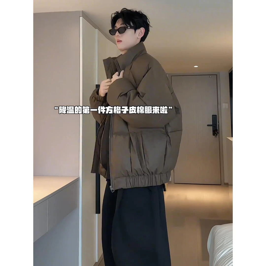 美式潮牌方格立领加厚羽绒服男生冬季痞美式男士加厚棒球领羽绒服