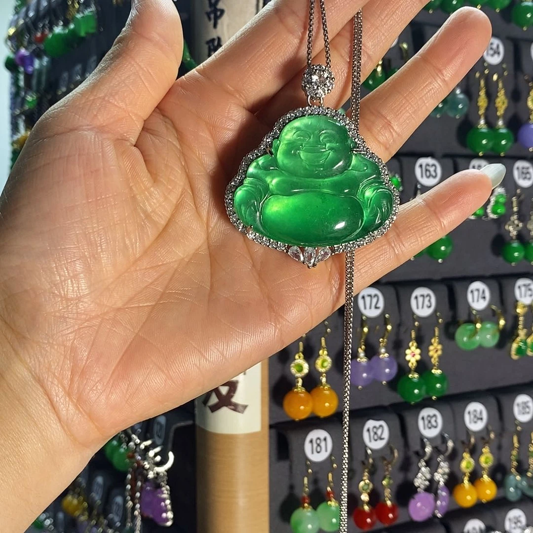 银S925镶嵌翡翠耳饰大佛