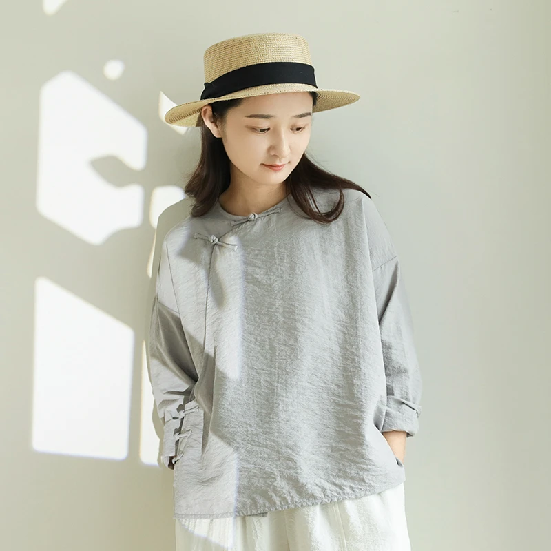 尘染新中式盘扣衬衫女2025春季新款桑蚕丝高级感长袖宽松显瘦上衣