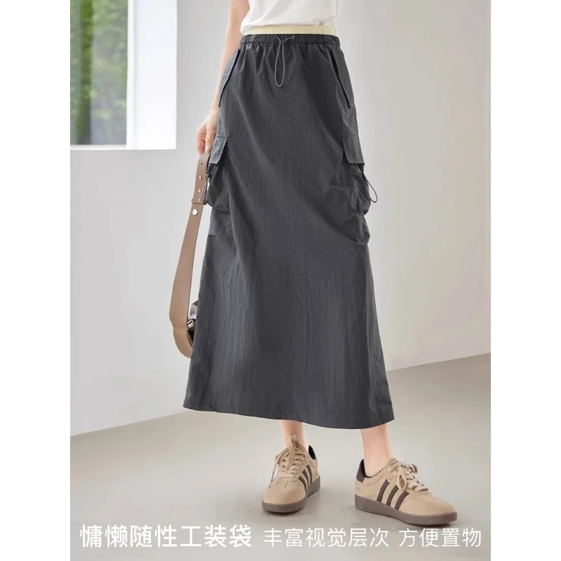 灰色休闲工装半身裙女松紧腰2025年春夏新款梨形显瘦开叉直筒裙