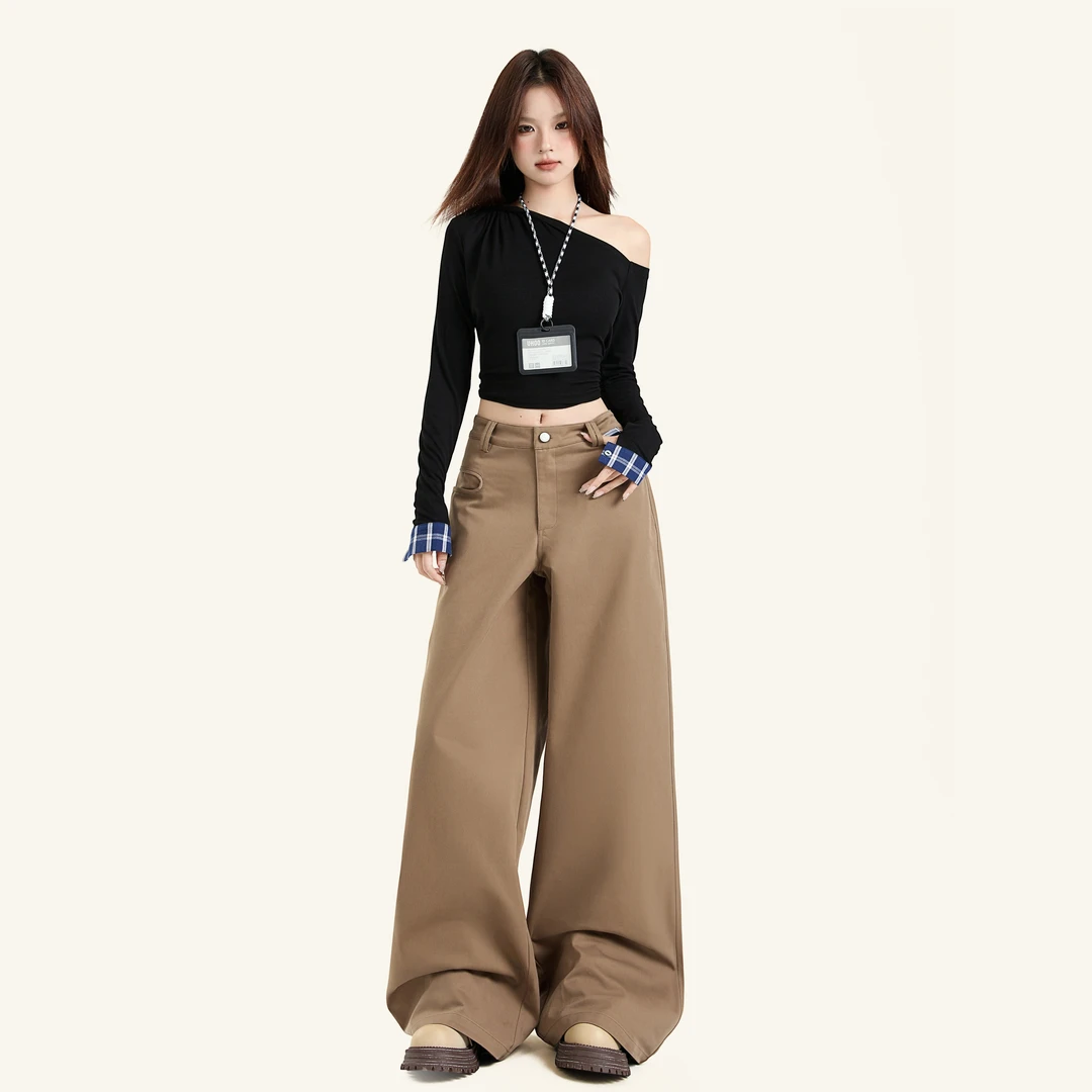 MNGRL 美式卡其色阔腿西装裤女口袋设计宽松直筒裤垂感拖地休闲裤
